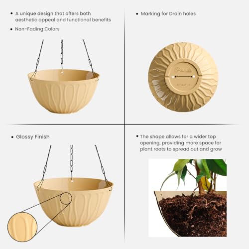 Image of YUCCABE ITALIA SHERA Hanging Wave 8 INCH, Plastic Flower Pot with Drainage Holes Round Planter Pot Suitable for Inddor Outdoor Kitchen (Beige, Pack of 3)