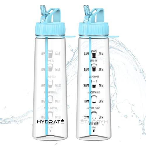 HYDRATE Botella Agua Deporte con pajita de 900ml - Sin BPA, Reutilizable para Running, Gimnasio, Deporte - Exterior Marcas de Tiempo Motivacionales, Libre de BPA (Azul)