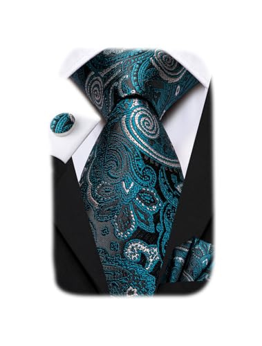 Image of Hi-Tie Paisley Floral Ties Set for Men Silk Mens Stripes Necktie Pocket Square Cufflinks Set Formal Business