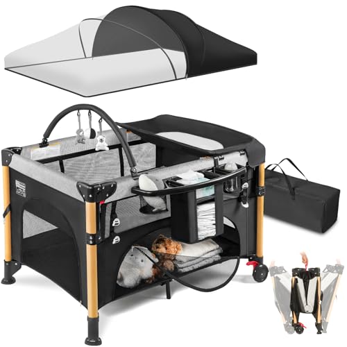 Image of Baby Bassinet Bedside Crib for Travel with One-Hand Setup 5-in-1 Foldable Baby Playpen, Portable Pack and Play with Bassinet,Diaper Changer & Adjustable Mattress for Newborn to Toddler (Black)