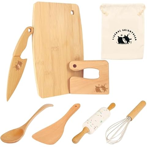 Wooden Kids Safe Knife and Kids Baking Set for Real Cooking, 8 PCS Toddler Montessori Kitchen Tools, Cooking and Baking for Kids Little Chefs Montessori Kitchen Tools for Toddlers-Kids Cooking Sets Cover