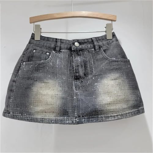 Fashion Women's Denim Skirts Solid Single Side Transport Sequins Color A-Line High Waist Short Skirt3