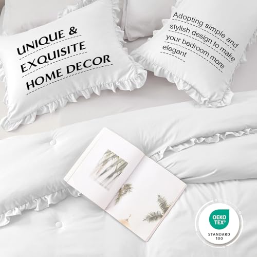 Image of HARBOREST Queen Comforter Set White - Ruffle Comforter for Queen Size Bed, Fluffy Queen Size Comforter Set for All Seasons, 3 Pieces(1 Comforter & 2 Pillow Shams)