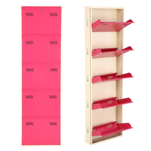 Image of Metal Shoe Rack Wall Mounted for Home with Central Locking 5 Door 20 inch Wall Mounted Metal 10 Pair Shoe Rack Cabinet Pre-Assembled Rack Shelves 3 Year Warranty (Pink & Ivory)
