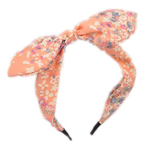 Boho Wide Ribbon Bowknot Alice Headband Hairband Bunny Rabbit Ears Wire Bendy Bow (Floral Peach)