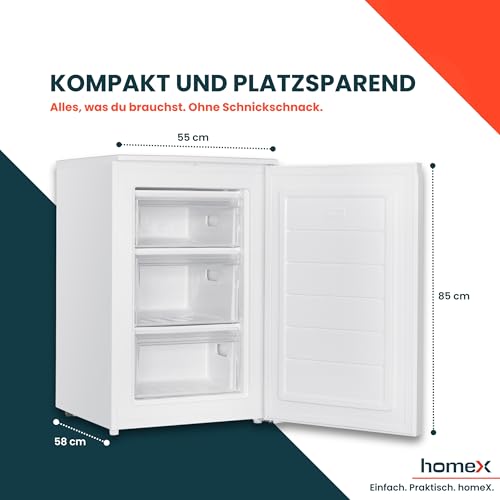 homeX Gefrierschrank, Tiefkühlschrank klein - 87L Nutzinhalt, 4-Sterne Gefrieren, Freezer kompakt, Gefrierschränke freistehend, Temperaturregelung, wechselbarer Türanschlag, leise, weiß, FS871E-W
