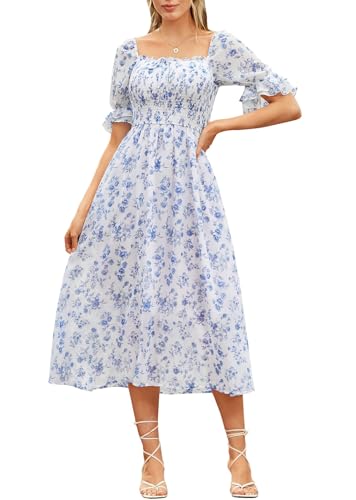 Scarlet Darkness 2026 Summer Floral Dress for Women Cottagecore Smocked Midi Dresses White Blue Floral L