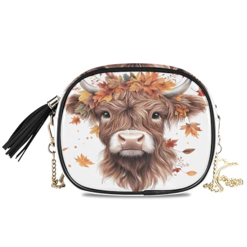 Image of ALAZA Women's Highland Cow Fall Leaves PU Leather Crossbody Bag Shoulder Purse with Tassel