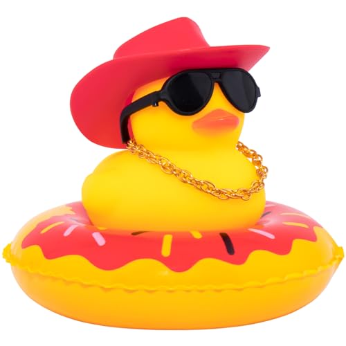 Image of wonuu Car Rubber Duck, Yellow Duck Decoration Dashboard with Sun Hat Swim Ring Necklace Sunglasses for Car Dashboard Decorations, Red Cowboy Hat-Red Donut