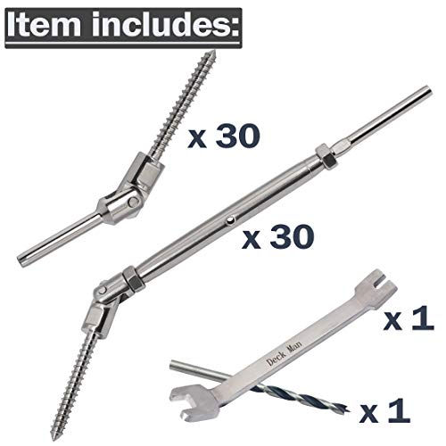 Deck Man 1/8 Inch T316 Stainless Steel Adjustable Angle Single-Screw Cable Railing Kit/Hardware For Wood Posts，Marine Grade (30 Pairs) #TOP1