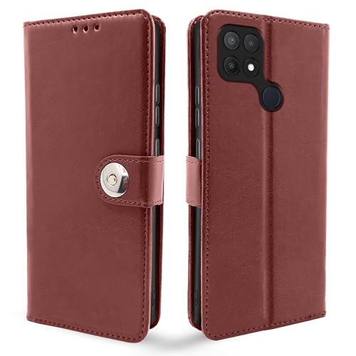 Image of Pikkme Oppo A15 / A15s Flip Cover Leather Finish | Inside TPU with Card Pockets | Wallet Stand and Shock Proof | Complete Protection Button Flip Case (Brown)