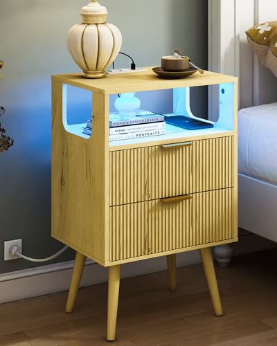 JOONEE Nightstand with Charging Station and LED Lights,Modern Bedside Table