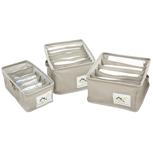 Image of House of Quirk Cotton Linen Set Of 3 Underwear Organizer Set - 5 /6 /9-Compartment Dividers For Closet & Drawer (Grey), Clothing