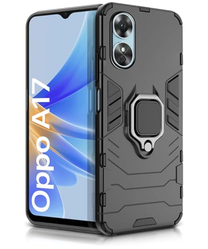 Image of WOW IMAGINE Shock Proof Back Case Mobile Cover for Oppo A17 | Back Cover Case (Tough Armor | Hybrid PC + TPU | Ring Holder & in-Built Kickstand | Black)