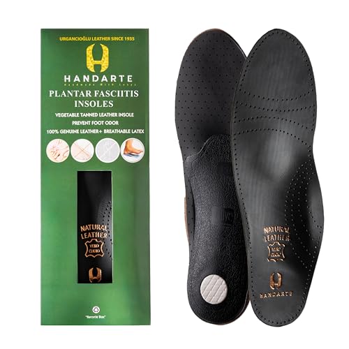 HANDARTE Leather Plantar Fasciitis Insoles | High Arch Support Inserts for Men/Women | Overpronation Insoles for Flat Feet & Metatarsalgia Relief | Anti Odor - Durable - Anti Slip (US W9.5/M8 | EU41)