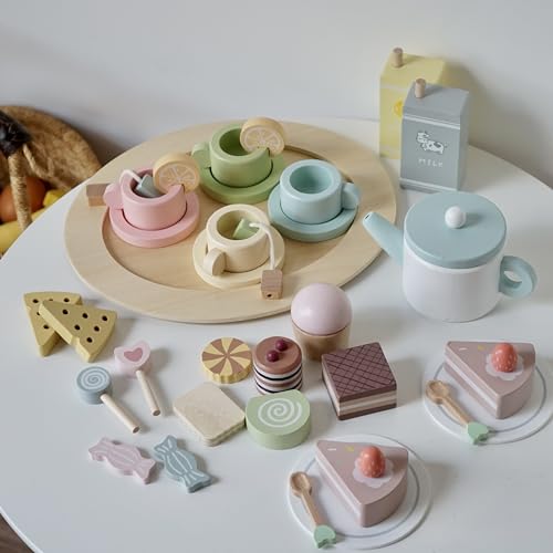 Smartwo Wooden Tea Party Set for Little Girls, 30 Pcs Wooden Tea Set for Toddlers 1-3, Pretend Play Kids Wood Tea Set Toy, Play Kitchen Accessories with Play Food, Improve Imagination