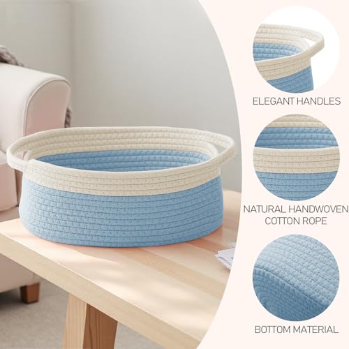 Image of JMvicyroam Small Woven Basket, Empty Gift Basket, White&Blue /1 Pack | Small Gift Basket, Cotton Rope, 12 x 8 x 63 in, Handles, Includes Ribbon and Bag, Birthday Gift Basket
