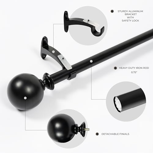 Image of Deco Window 18 inch-44 inch Adjustable Rustproof Curtain Rod for Doors & Windows with Brackets, Extendable Iron Metal Pipe Holder with Ball Finials (Black,19MM Diameter)