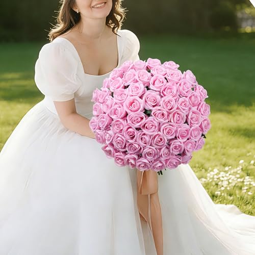 Image of 50 PCS Pink Roses Artificial Flowers, Real Looking Fake Roses with Long Stems Silk Flowers for DIY Wedding Bouquet Party Celebration Home Bridal Shower Decoration Valentine's Day Gift for Her Wife