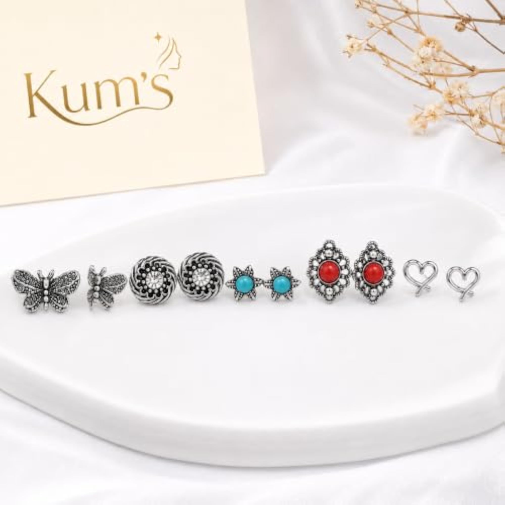 5 Pair Oxidized Silver Tone Floral Leaf Star Stud Earrings Combo Set