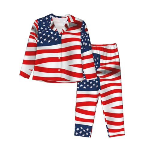 PQruop Pijama de dos piezas con estampado patriótico de bandera americana, pijama de manga larga con botones y bolsillos, pijama casual., Negro, XXL