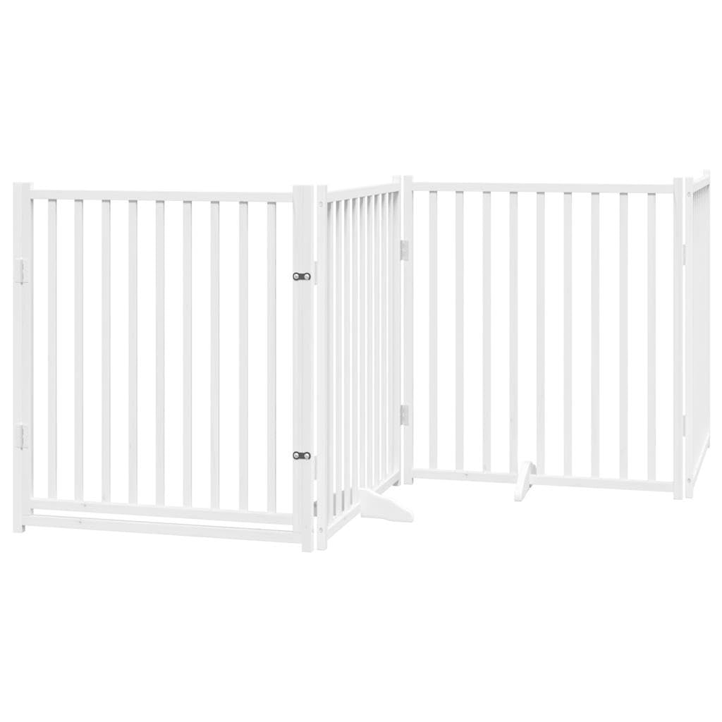vidaXL Dog Gate with Door Foldable 4 Panels, Dog Fence for Stairs Kitchen Home, Pet Gate for Dogs Pets, Freestanding Dog Barrier, White Solid Wood Fir