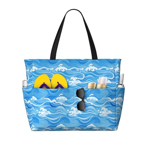 CHAOS MONKEY Women Large Beach Bag Blue Waves Print Sandproof Waterproof Travel Weekender Foldable Tote Bag for Pool Vacation Gym