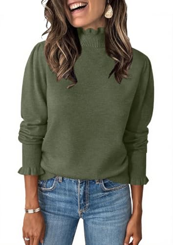Image of Womens Ruffle Mock Neck Sweater Puff Long Sleeve Fall Trendy Pullover Tops | Fall Winter Clothes, Soft, Business Casual Outfits, Trendy Fashion, Knitted Shirts