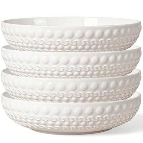 Artena Pasta Bowls 32oz, Ceramic Large Salad Bowls 8 inch, White Embossed Soup Bowl Set of 4 for Entertaining, Serving, Dinner, Wide Shallow Microwave Dishwasher Oven Safe (Dot)