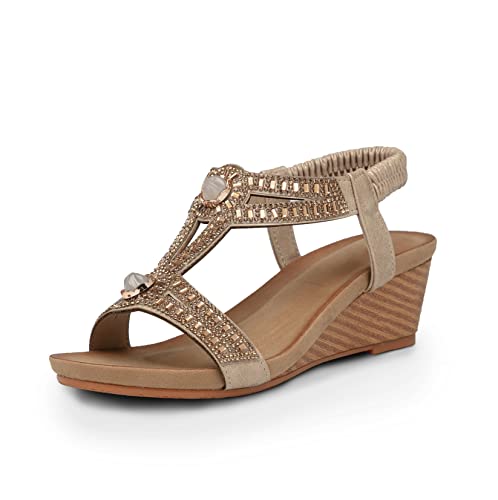 Fralosha Wedge Sandals For Women Elastic Ankle Strap Sandals Dressy Summer Rhinestone Glitter Casual Wedge Heels Open Toe Beach Platform Shoes Sandal Glod 8 #TOP14