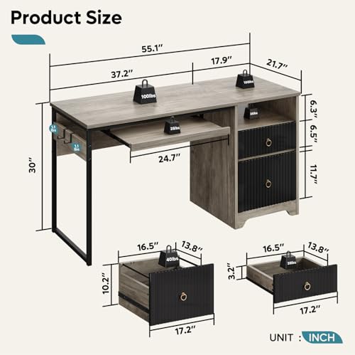 Image of Bestier 55Inch Modern Fluted Desk with Drawers & Keyboard Tray, Grey | 55 X 22 In Work Surface, File Drawer, Reversible Pedestal, Fluted Panels And Keyboard Tray For Home Office Storage.