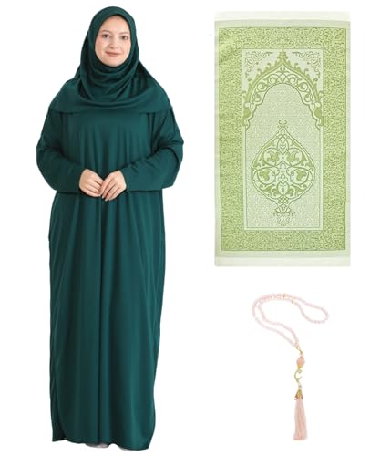Prien Robe Longue De Priere Pour Femme Avec Tapis De Hijab, Vetement Pour Femmes, Abaya Islamique, Robe Musulman (Émeraude, Taille Unique)