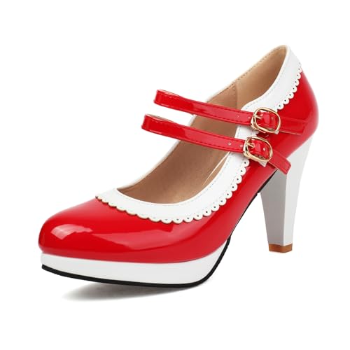 Bviennic Mujer Tacón Embudo Mary Jane Almond Toe Tacón Alto Zapatos Hebilla con Plataforma Moda Daily Zapatos T73590Rd Rojo Talla 38 EU/39Cn