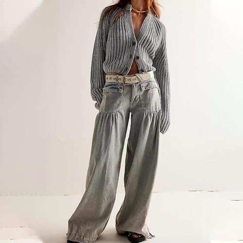 Tube Jeans Ruffle,Women's Casual Loose Fitting Mid Waist Tube Shaped Jeans,Casual Loose Wide Leg Jeans2