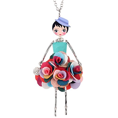 BONSNY Paris Doll Necklace Dress Handmade Pendant Amellie Alloy Flower Crystal Long Chain Women Jewelry