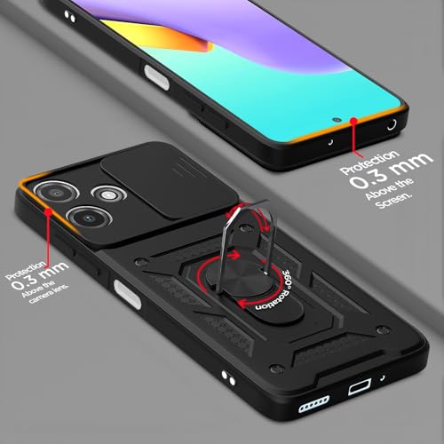 Image of Pikkme D10 Tough Armor Bumper Case | 360 Protection Case | Sliding Camera Shield Cover & Ring Holder Stand Back Cover for Redmi 12 5G / Poco M6 Pro 5G (Black)