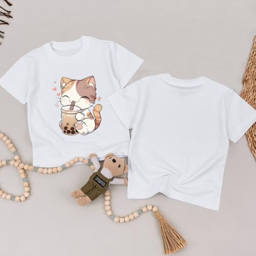 Image of KEEVICI Cute Cat Shirts for Girls Graphic Tees Bubble Tea Tshirt Kids Kawaii Cartoon Animal Print T Shirt Summer Cotton Tops