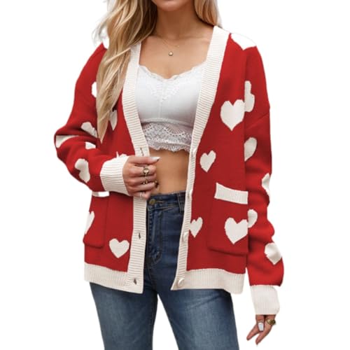 Women Cute Heart Oversized Cardigan Open Front Button Down Love Print Knit Sweater Y2k Kawaii Clothes