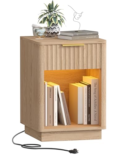 Fluted Nightstand, Wooden Night Stand with Charging Station and LED Light, Modern Mid Century End Table with Drawer, 15″ D x 15.7″ W x 22.6″ H, for Bedroom, Natural Oak