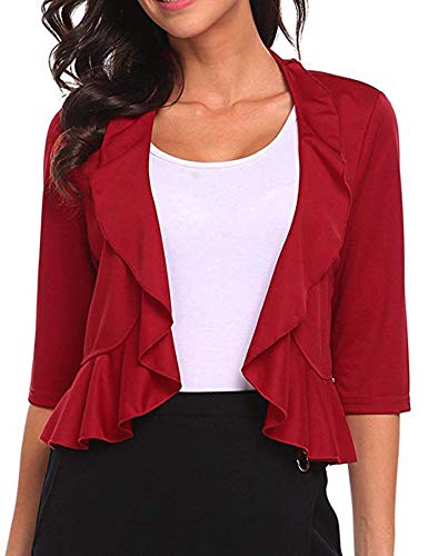 Zeagoo Women's Open Front Cropped Cardigan Half Sleeve Casual Shrugs Jacket Ruffles Lightweight Sweaters, Wine Red, Medium