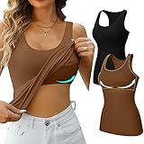 V FOR CITY Built-in Shelf Bra Tank Tops Women's Racerback Cotton Camisole Wide Strap Undershirts 2 Pack Black/Brown L
