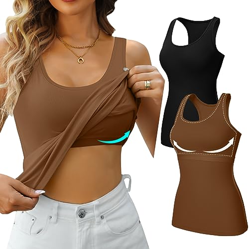 Image of V FOR CITY Womens Unpadded Shelf Bra Tank Tops Racerback Workout Camis Yoga Shirt Cotton Undershirt 2 Pack
