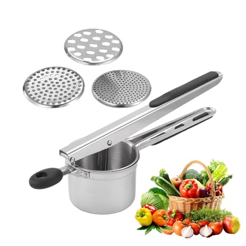 Prensa de puré de patatas - Prensapuré de acero inoxidable | Utensilio de cocina para patatas | Exprimidor desmontable, 3 tipos de mallas, exprimidor de limón, exprimidor y exprimidor