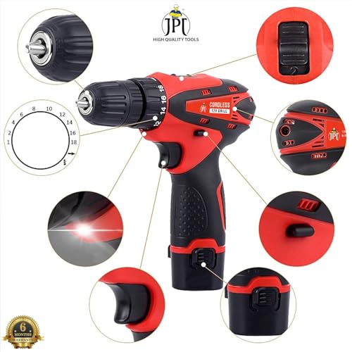 Image of JPT 12V Powerful Cordless Drill Machine | 1350 RPM | 18 Torque | 10MM | 1.50 KW | 2 Speed Gear | 2x Batteries | Fast Charger | Keyless Chuck | Carrying Bag