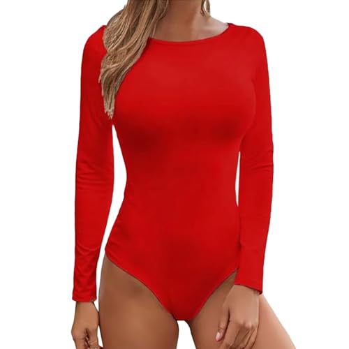 Pijama genérico cómodo para mujer, mono con botones para mujer, color sólido, cuello redondo, manga larga, cuerpo delgado camisa cuerpo negro, rojo, L