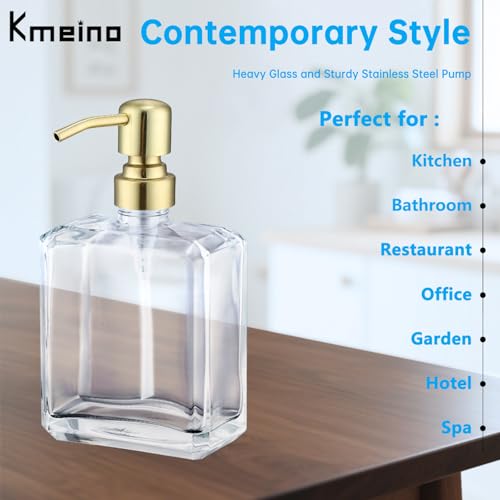 Image of Square Clear Glass Dish Soap Dispenser Brushed Gold Pump, Antique Refillable 13.5 oz Lotion Hand Soap Dispenser with Rust Proof Stainless Steel Pump for Bathroom Kitchen Countertop