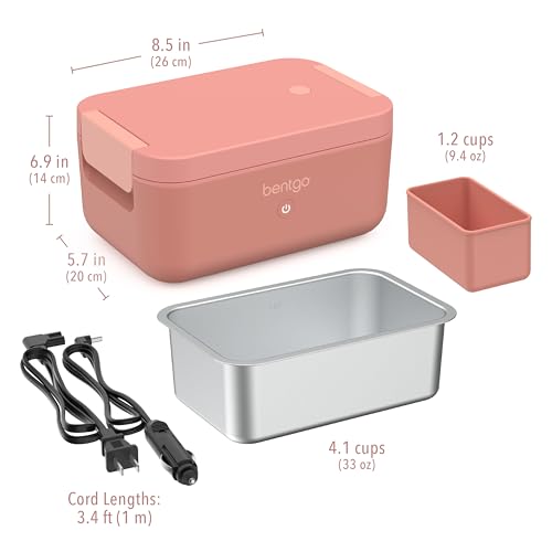Bentgo Heat - Electric Lunch Box - Portable Food Warmer for Adults, Heated Lunch Box for Work, Travel, School & On the Go, Plug Into Wall or Car, Ideal for Ages 14+, 12V/24V & 120V Cords (Pink Spice)