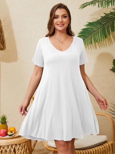Image of ZENNILO Women's Plus Size Swing Dress with Pockets Casual Summer Dresses V Neck Short Sleeve T Shirt Dress for Women