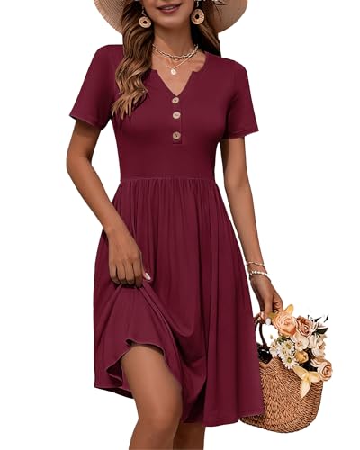 Image of WNEEDU Women V Neck Button Down Empire Waist Midi Summer Dress with Pockets