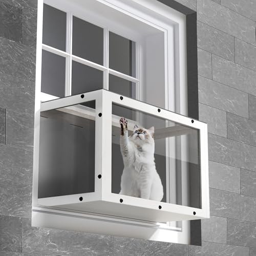 Window Cat Perch Catio, Wood Cat Window Box, Window Catio for Indoor Cats. Suitable Single Hanging Window with an Inner Diameter of The Window Frame with A Net Opening Width of 24-35 in(White)